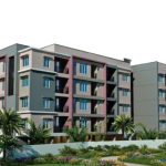 Senior citizen apartments gated community entrance at SA Vedha Kalpathy with greenery backdrop